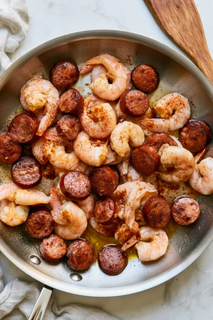 Skillet of seared pink shrimp and browned smoked sausage coins coated in Cajun spices, with a wooden spatula
