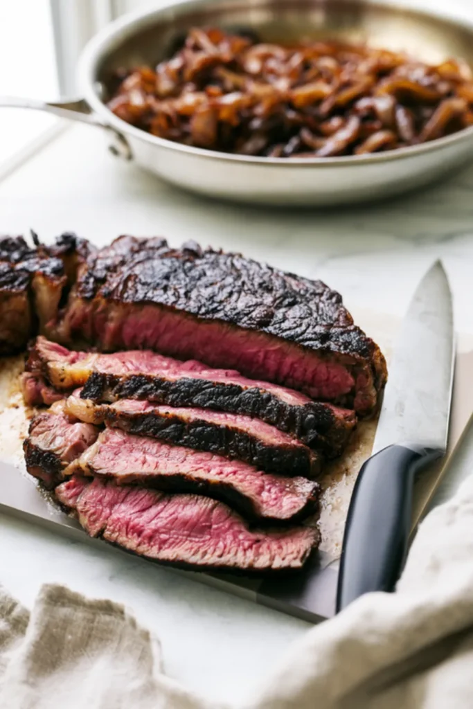 Sliced Ribeye and Caramelized Onions Seared ribeye steak sliced against the grain on a cutting board with a knife, a skillet of caramelized onions behind