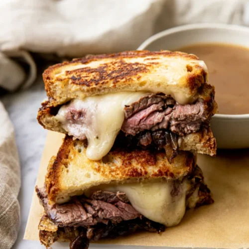 Two halves of a steak grilled cheese stacked on parchment, toasted sourdough, sliced beef, melted Gruyere and caramelized onions, a bowl of French onion soup behind