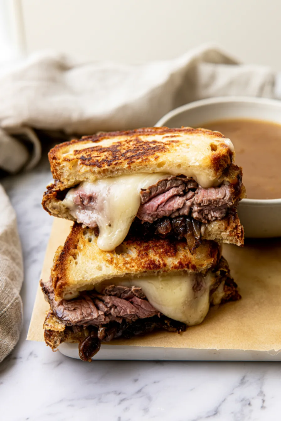 Two halves of a steak grilled cheese stacked on parchment, toasted sourdough, sliced beef, melted Gruyere and caramelized onions, a bowl of French onion soup behind
