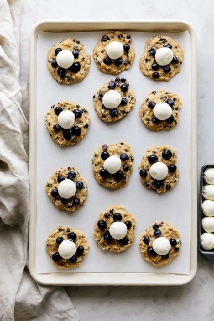 Stuffing the Cookie Dough Flattened blueberry cookie dough rounds on a parchment-lined baking sheet, each topped with a ball of frozen sweetened cream cheese, more frozen balls on a tray beside it