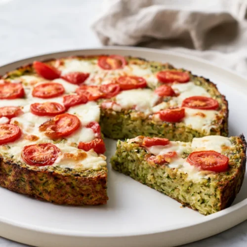 Round zucchini crust pizza topped with melted mozzarella and cherry tomatoes, one wedge lifted to show the firm green-flecked base