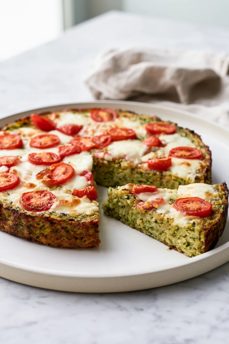 Round zucchini crust pizza topped with melted mozzarella and cherry tomatoes, one wedge lifted to show the firm green-flecked base