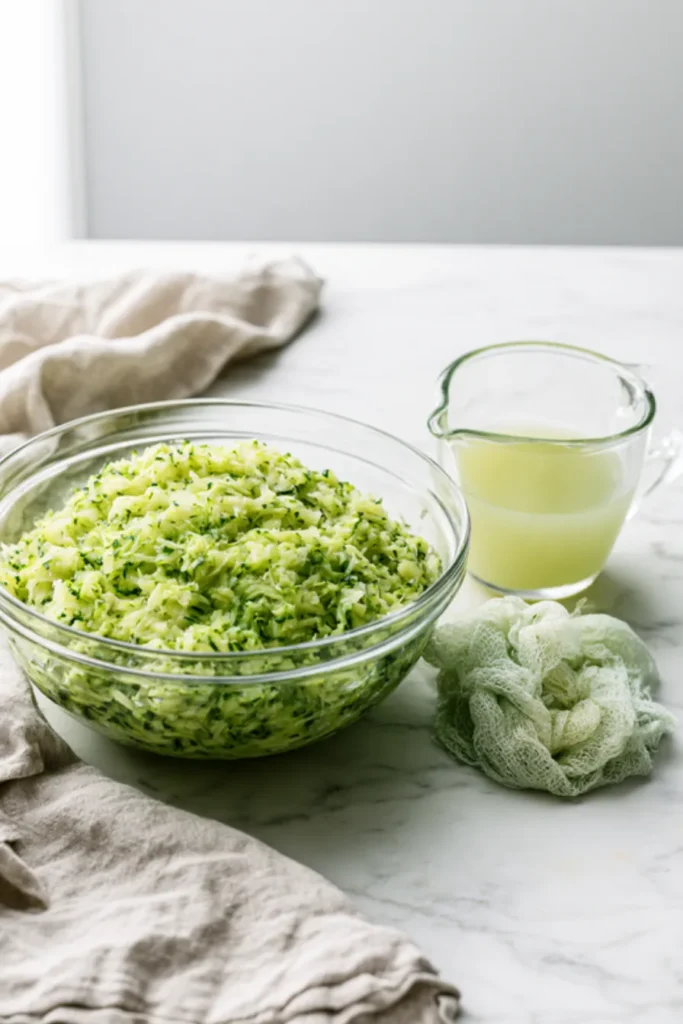Squeezed Zucchini and the Liquid It Gave Up A glass bowl of squeezed dry grated zucchini beside a jug holding the pale green liquid wrung out of it, with the damp cloth alongside